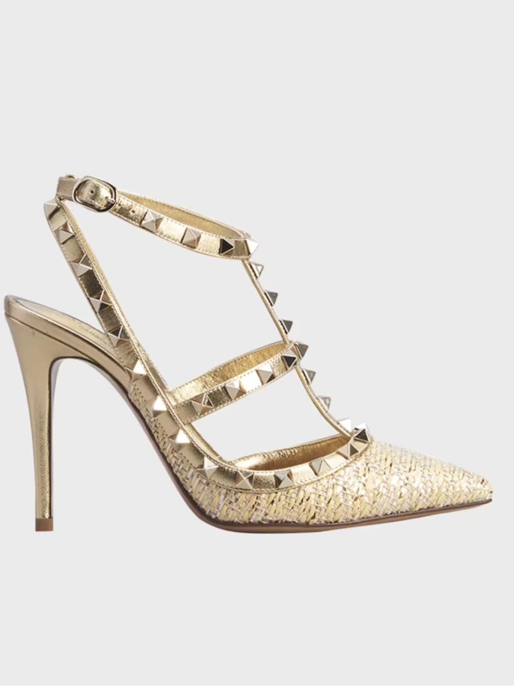 Valentino Garavani Rockstud Metallic Raffia Ankle Strap Pointed Heels